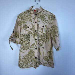 Oscar De La Renta Womens Floral Linen 3/4 Sleeve Button-Up Shirt Medium NWOT